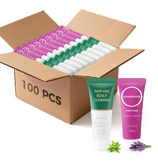Travel Size Shampoo and Conditioner Bulk, Trial Individually Wrapped Mini Hair Conditioner and Small Shampoos Men Women Mini Cleansing Toiletries Amenities for Hotel Homeless 1 Fl Oz (Pack of 100)