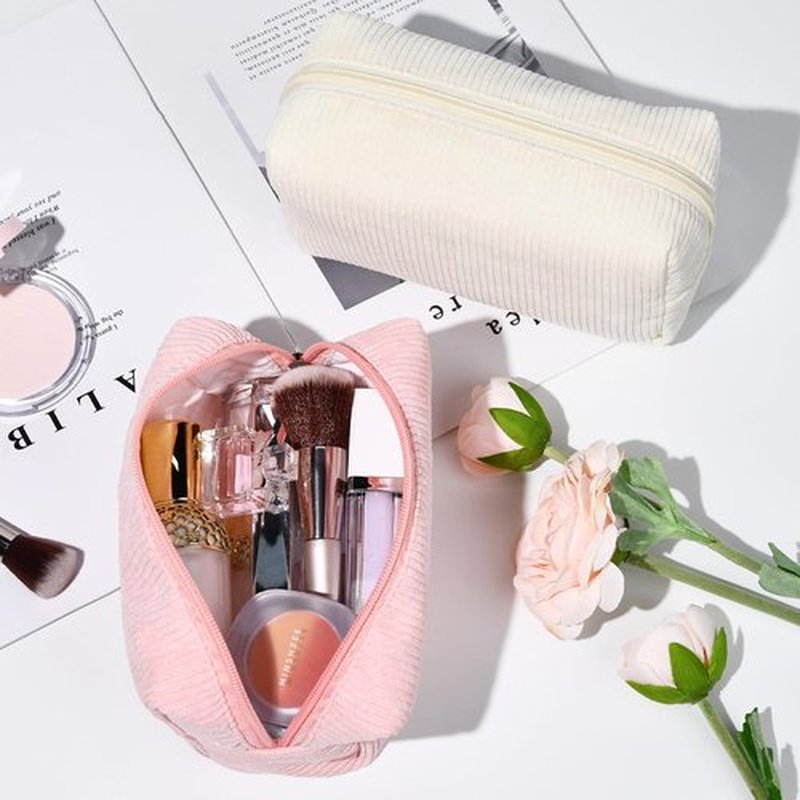 SOIDRAM 2 Pieces Makeup Bag Corduroy Cosmetic Bag White Pink Makeup Pouch Travel Toiletry Bag Organizer Cute Makeup Brushes Storage Bag for Women