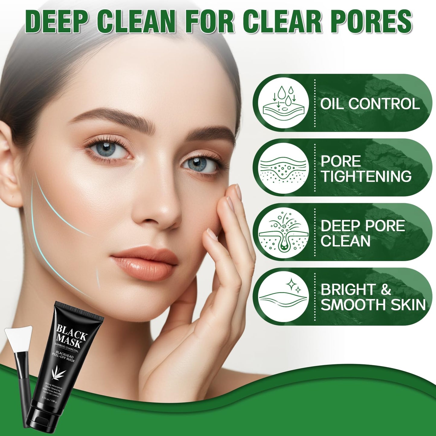 Nozerix Blackhead Remover Mask, Charcoal Peel Off Face Mask, Blackhead Removal, Deep Cleansing, Controls Oil, Targets Face and Nose, Ideal for All Skin Types, with Brush, Extractor Tool,100g