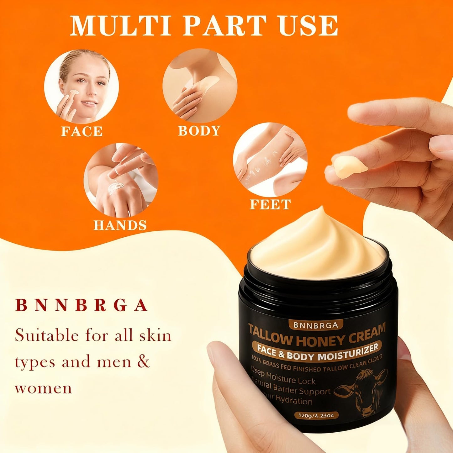 Organic Tallow Honey Cream for Face & Skin - Tallow and Honey Balm100% Pure Grass-Fed Tallow Face Moisturizer, Ultra- Hydrating & Nourishing, Natural Skincare Solution for Dry & Sensitive Skin