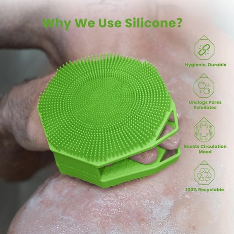 iTokGoK® Premium Silver-Infused Double-Sided Design 2-in-1 Silicone Body Scrubber for Men,Body Buffer Scrubber for Sensitive Skin, Ergonomic No-Slip Handle, Long-Lasting & Easy to Clean - Green