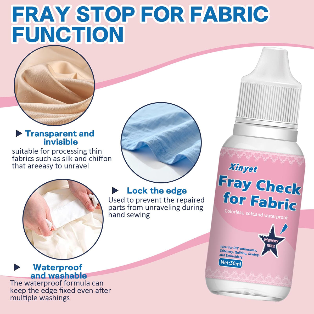 Xinyet 60ml Fray Stop for Fabric,Fray Check for Fabric Clear, Dried Clear Soft Flexible with Brush Wooden Scraper, Prevent Fraying and Edge Sealing Suit for Embroidery, Quilting,Stitchery