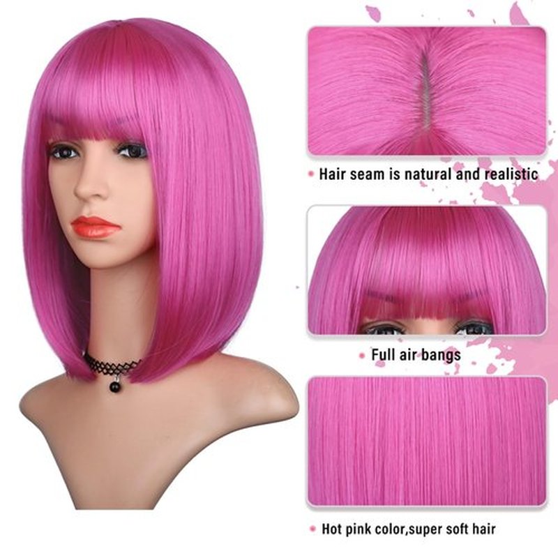 BEAUTIFA Hot Pink Bob Wig with Bangs for Women 12 Inch Short Straight Pink Wigs Synthetic Colorful Wigs