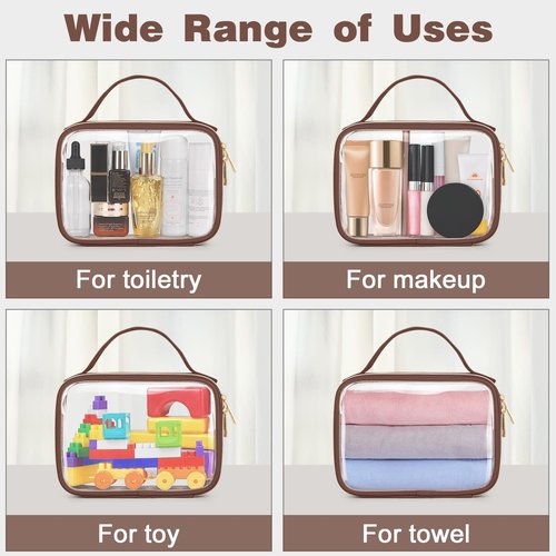 Wedama TSA Approved Toiletry Bag, 3 Pack Clear Makeup Bags with Handles, Quart Size PVC Clear Cosmetic Bags for Women and Men, Carry on Airport Airline Compliant Bag, Brown