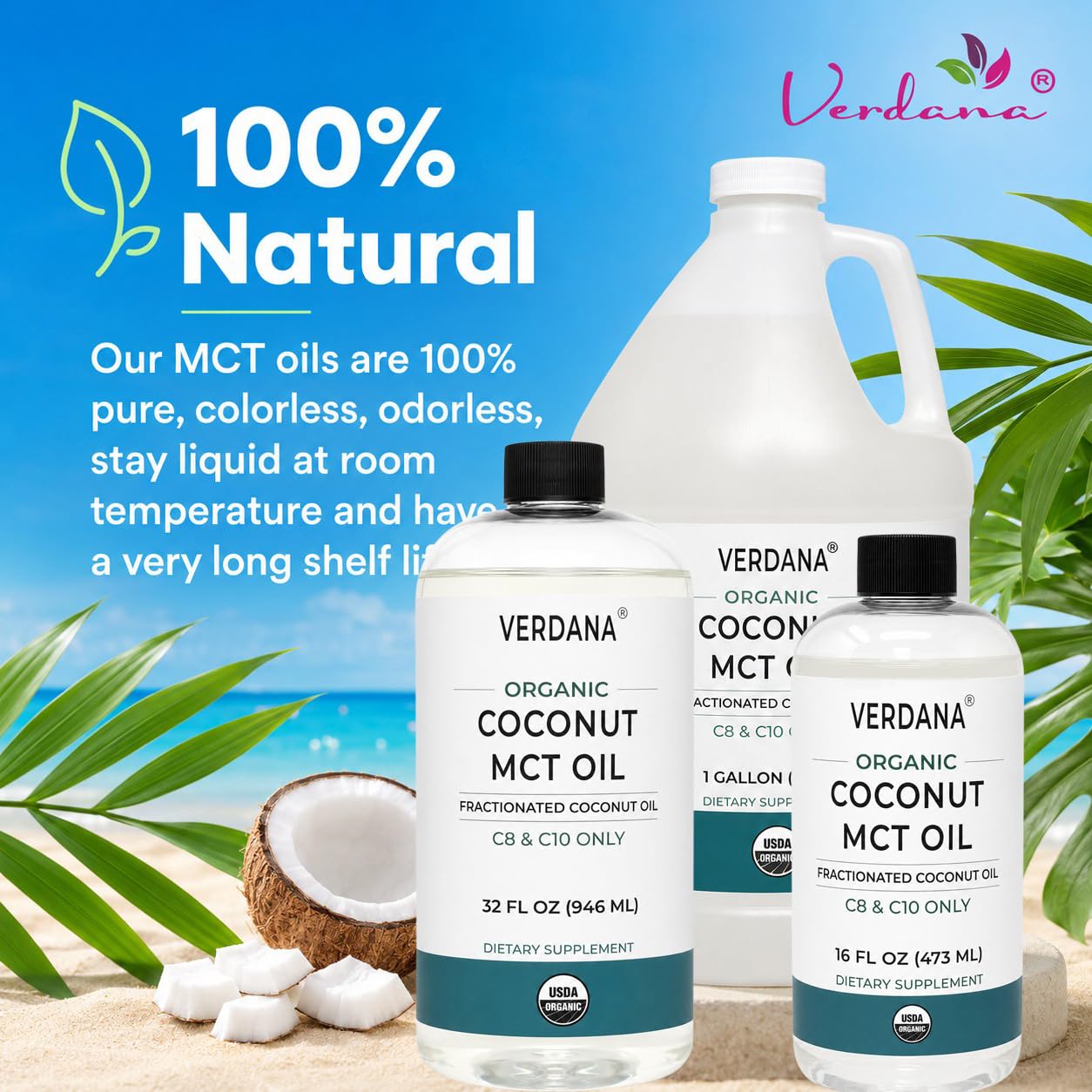 Verdana USDA Organic Coconut MCT Oil, 32 fl oz, Food Grade, C8 & C10 Only, Non-GMO, Kosher, Keto & Paleo Friendly, No Palm Kernel Oil