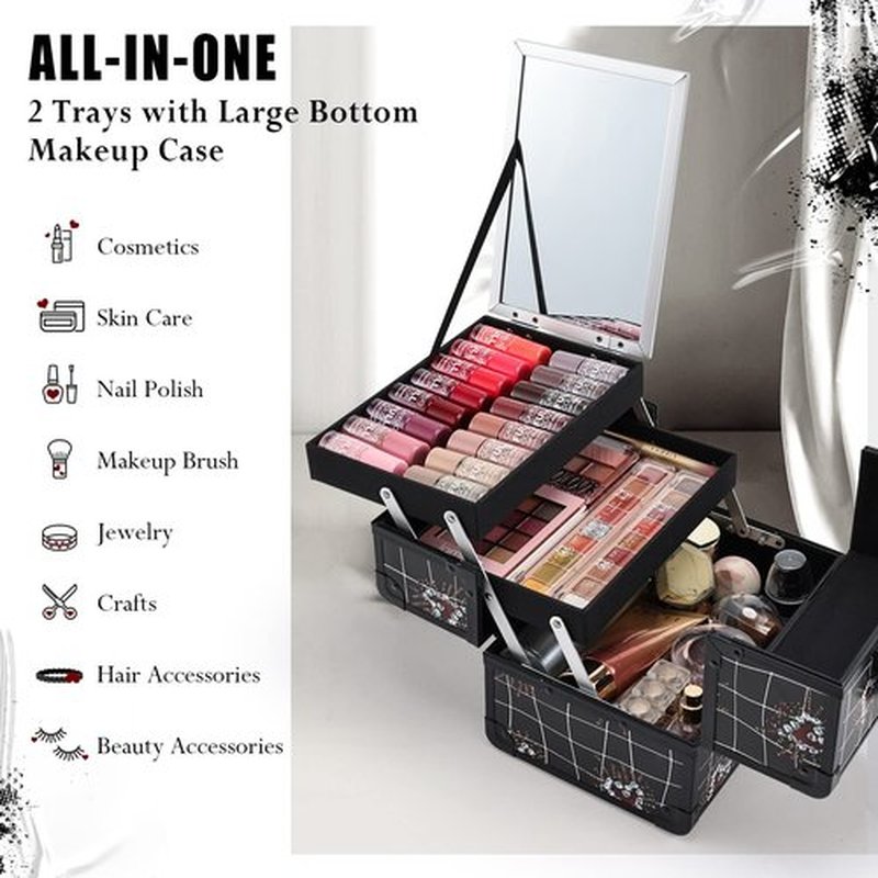 Joligrace Makeup Train Case Portable Makeup Case Organizer 2 Trays Cosmetic Box Storage with Mirror for Cosmetologist Supplies Nail Tech Traveling Makeup Travel Box Punk Love Hearts