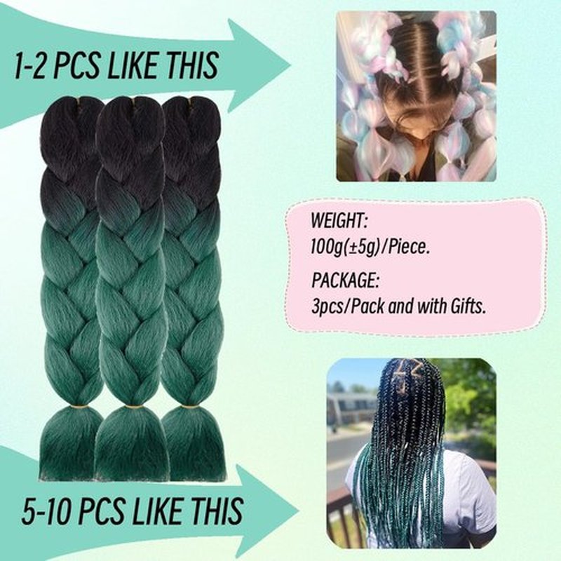 Jumbo Braiding Hair Fiber Silky Colorful Twist Braiding Hair 3pcs Black Green Colors Extensions Synthetic Hair Black Green Synthetic Fiber Soft Healthy (24 Inch 3pcs)