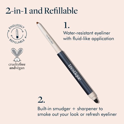 TRE'STIQUE Eyeliner, Refillable Eyeliner Pencil With Built-In Smudger And Sharpener, Clean Beauty Eye Pencil, Sustainable 2-In-1 Eye Liner