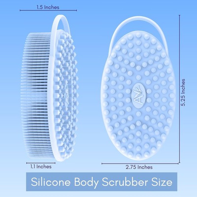 Avilana Silicone Exfoliating Body Scrubber – Dual-Sided Silicone Loofah for Shower, Body Scrubber for Men & Women, Gentle Loofa Alternative, Easy-to-Clean Silicone Body Scrubber (Blue with Silver)