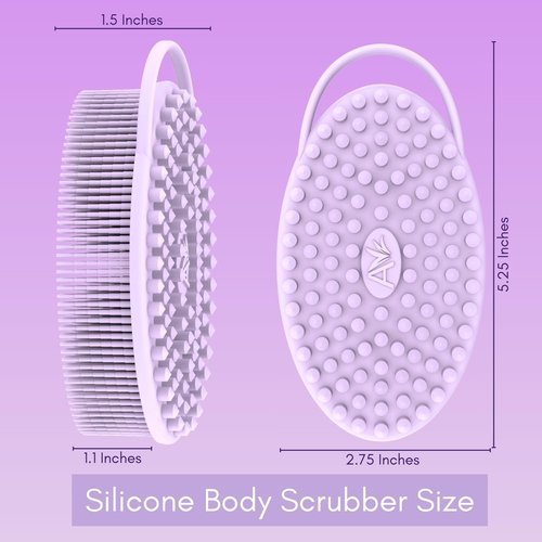Avilana Silicone Exfoliating Body Scrubber – Dual-Sided Silicone Loofah for Shower, Body Scrubber for Men & Women, Gentle Loofa Alternative, Easy-to-Clean Silicone Body Scrubber (Lavender With Silver)