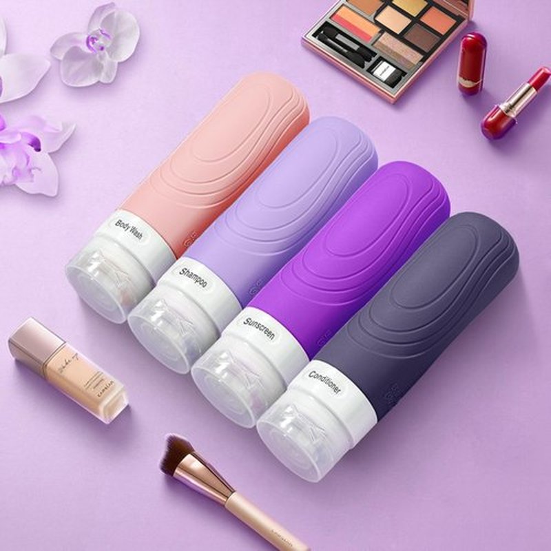 GLAMFIELDS Travel Bottles for Toiletries TSA Approved, 3oz Size Leak Proof Silicone Travel Containers for Shampoo, Lotion,Easy to Squeeze Portable, Essentials for Traveling (4 Pack) Purple