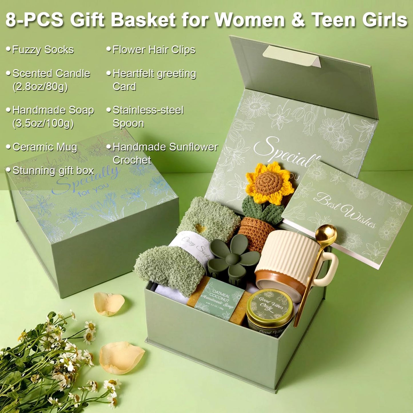 ENJOLLY 8PCS Birthday Gifts Box for Women Care Package Baskets for Women Hug in a Box Self Care Get Well Soon Gift Set for Mom Wife Girlfriend Sister Friends (Green)