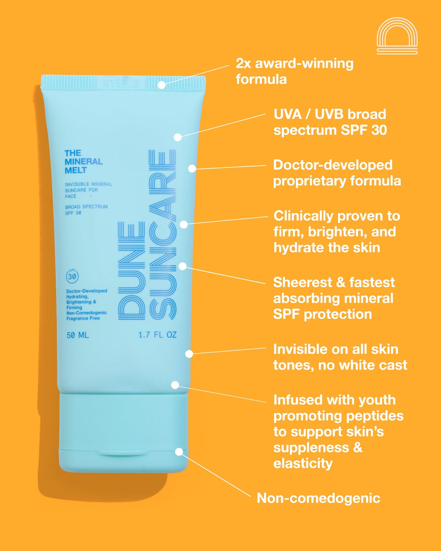 DUNE The Mineral Melt Mineral Face Sunscreen SPF 30, Broad Spectrum Zinc Sunscreen for Face, Sheer No White Cast Sunscreen, Fragrance Free Daily Facial Sunscreen with Peptides & Vitamin E, 1.7 Fl Oz