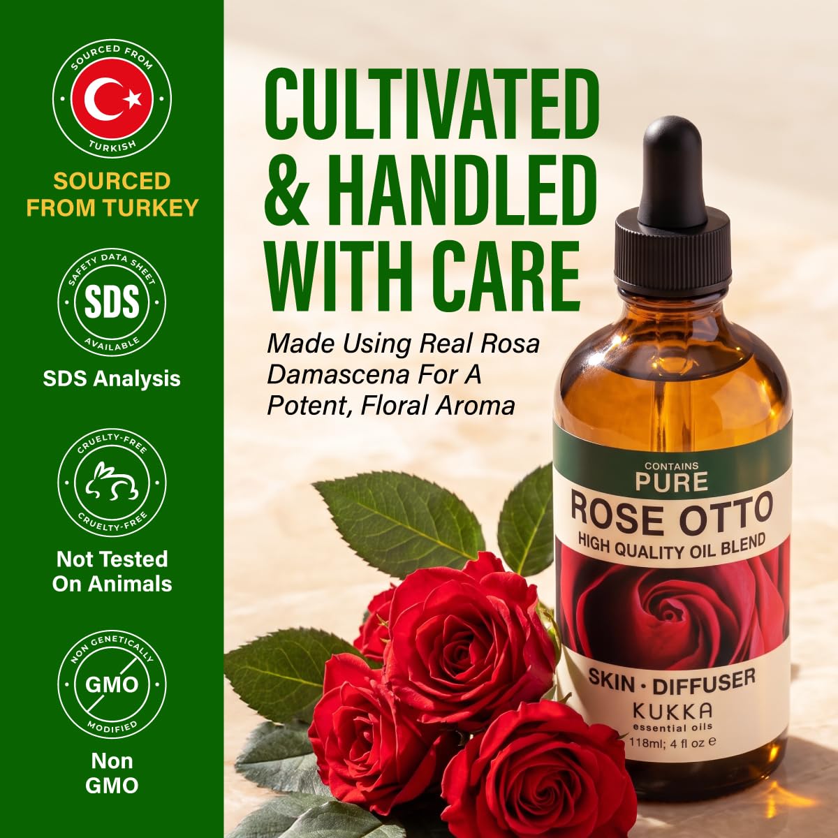 100% Pure Rose Otto Oil - 4 Fl Oz Rose Otto Essential Oil for Hair, Skin, Diffuser, Aromatherapy & DIY Soap Making Scent