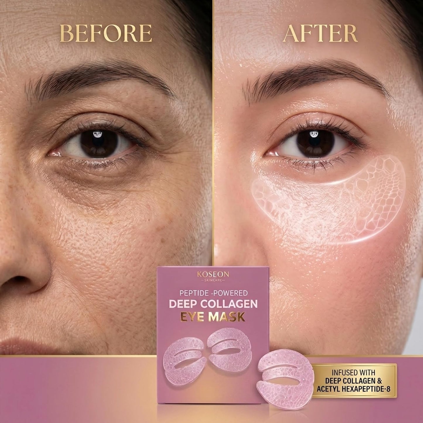 HACHIAC Koseon Collagen Eye Mask, Peptide-Powered Deep Collagen Eye Mask with Collagen Peptide, Under Eye Patches 360° Fit, Eye Patches for Fine Lines Eyes and Dark Circles (1 pcs)