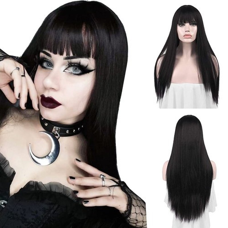 SOFEIYAN 26 inches Long Straight Wig with Bangs off Black Synthetic Hair Replacement Wigs Heat Resistant Full Wig for Women Girls