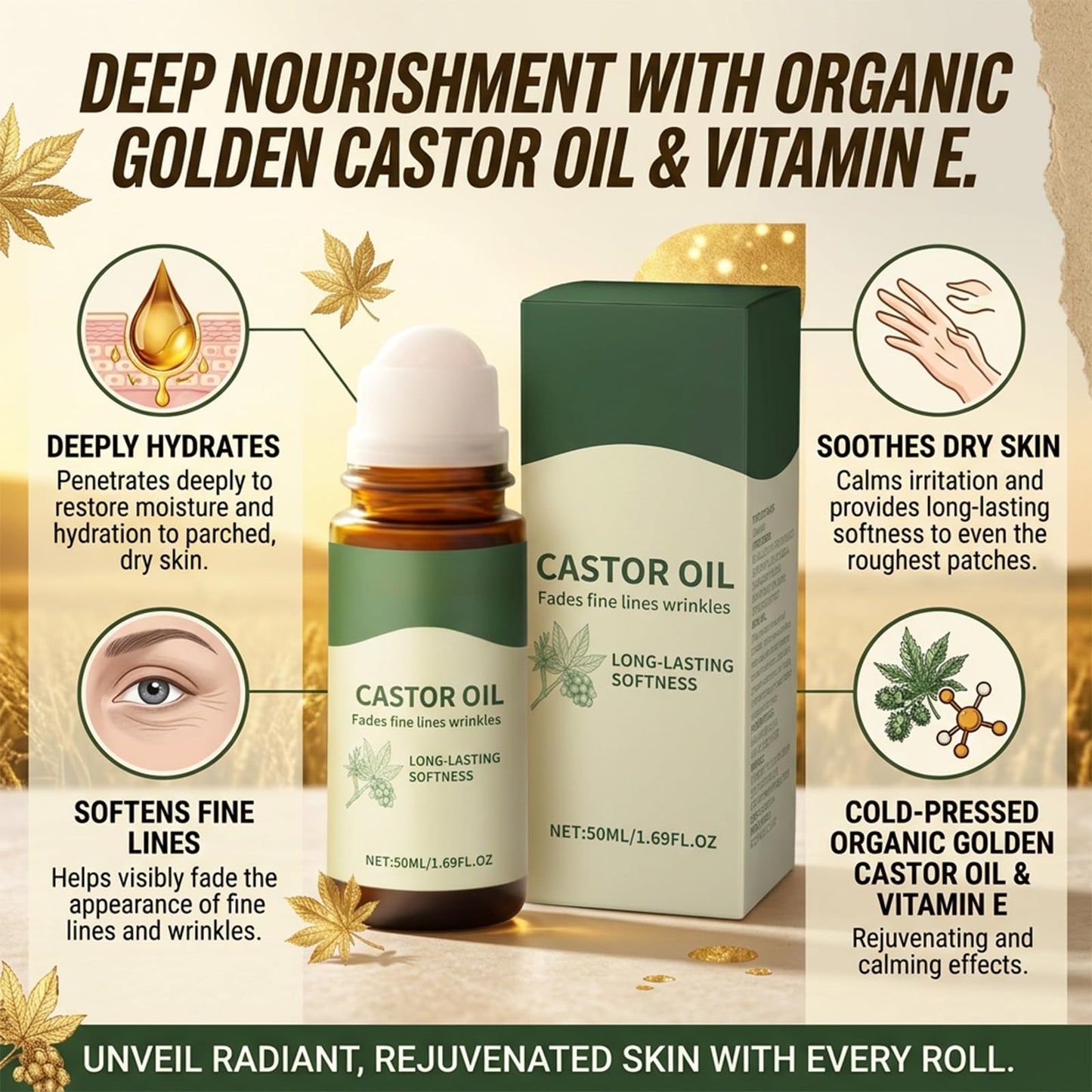 Vexivo Organic Castor Oil Roll-On, Cold-Pressed Pure Beauty Oil, Mess-Free Formula for Skin, Brows, Lashes & Body Care, 1.7Floz 50ml in Amber Glass Bottle (1 Pcs)