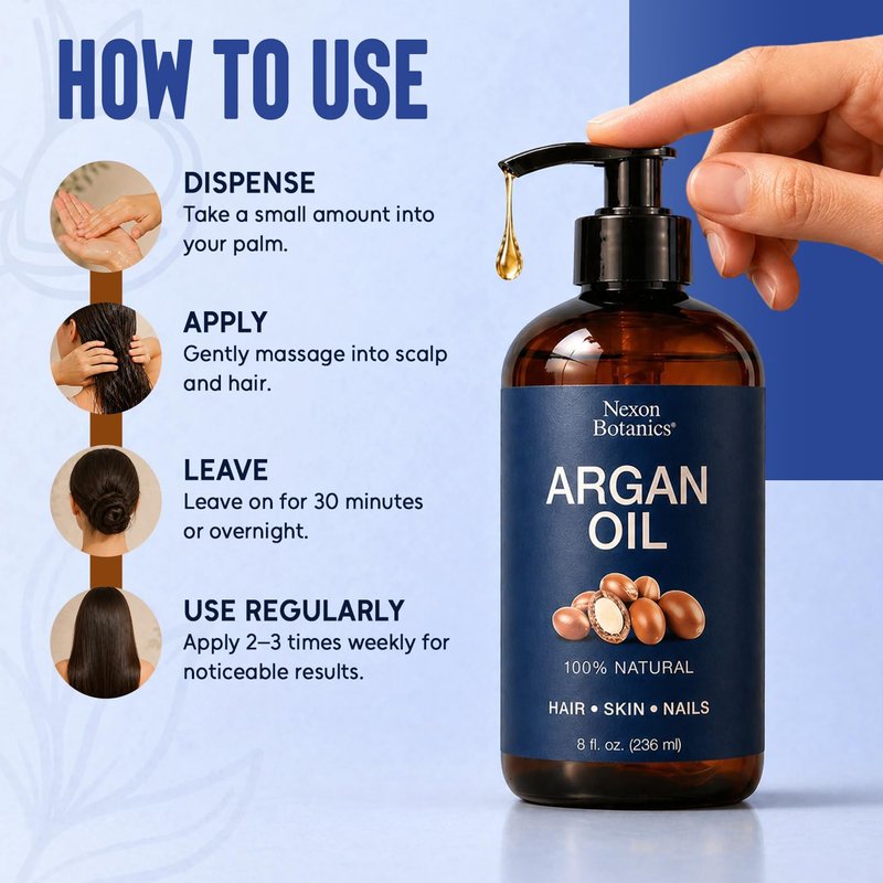Argan Oil for Hair Growth 8 fl oz - 100% Natural Moroccan Argan oil for Face, Body, Skin and Nails - Aceite de Argan