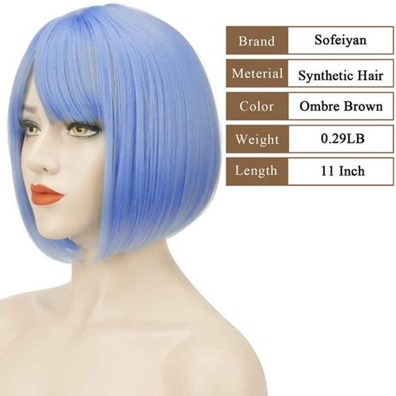 SOFEIYAN Short Straight Bob Wigs with Bangs 11 inch Synthetic Daily Party Cosplay Hair Wig for Black Women, Blue