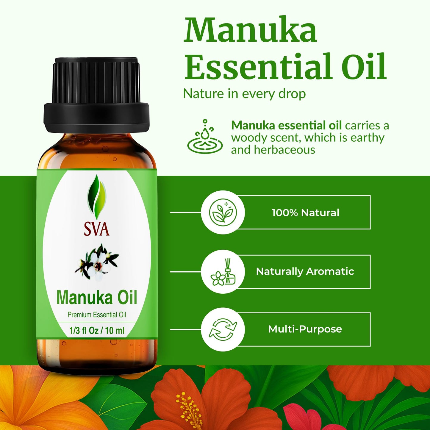 SVA Manuka Essential Oil – 1/3 Fl Oz – 100% Natural Manuka Oil - for Diffuser, Hair Care, Face, Skin Care, Aromatherapy, Scalp and Body Massage, Soap and Candle Making