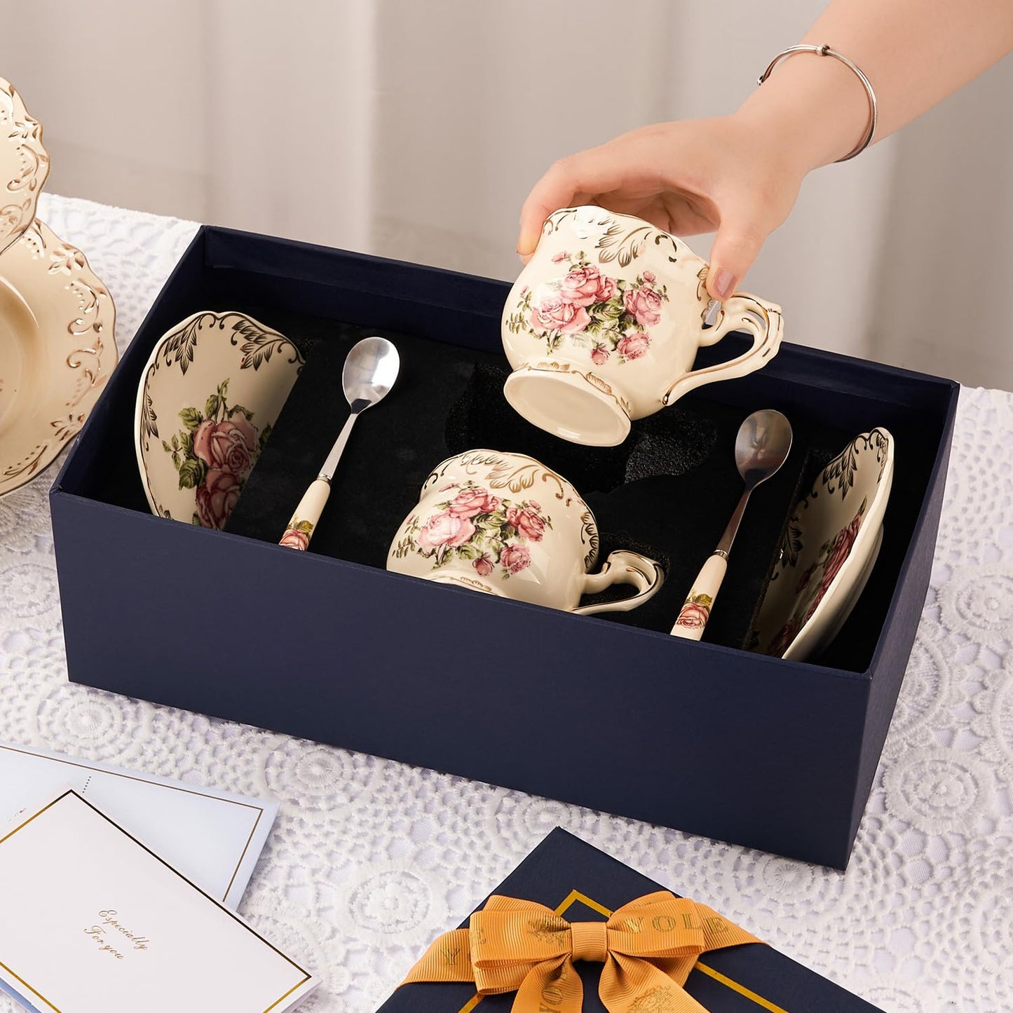 YOLIFE Tea Cups and Saucers Set of 2, Vintage Porcelain Tea Cups Set Floral with Gold Leaves Trim Design - 8 oz (Pink Rose with Gift Box(no stand))