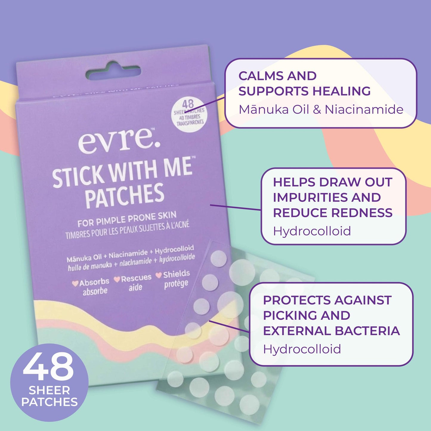 Evre Teen Stick With Me Pimple Patches, 48 Patches, Absorbs, Protects & Heals, with Mānuka Oil & Niacinamide, Gentle, Sheer Hydrocolloid Patches, 4 Sizes for Every Spot