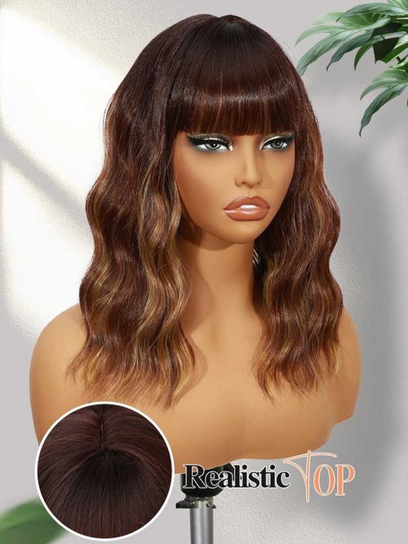 Fancy Hair Brown Highlight Wavy Bob Wig Short Wavy Wig with Bangs Glueless Wear and Go Wig Synthetic Brown Mixed Blonde Shoulder Length Bob for Women Daily Party Use 14inch