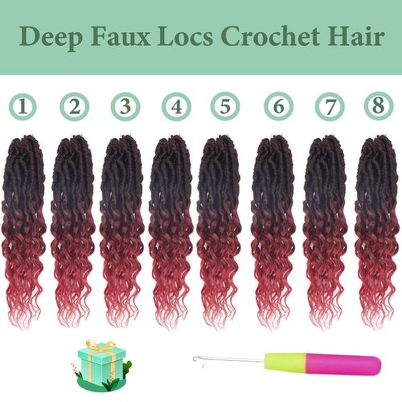 Deep Faux Locs Crochet Hair 12 Inch 8 Packs Pre Looped Deep Wave Crochet Braids Soft Locs Crochet Hair with Curly Ends Goddess Locs Crochet Hair Extensions(Black mixed Burgundy)