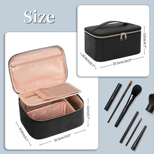 OCHEAL Makeup Bag, Travel Makeup Bag Organizer with Brush Compatrment Large Cute Cosmetic Toiletry Bag for Women and Girls Traveling Skincare or Makeup Essentials Storage Case -Black