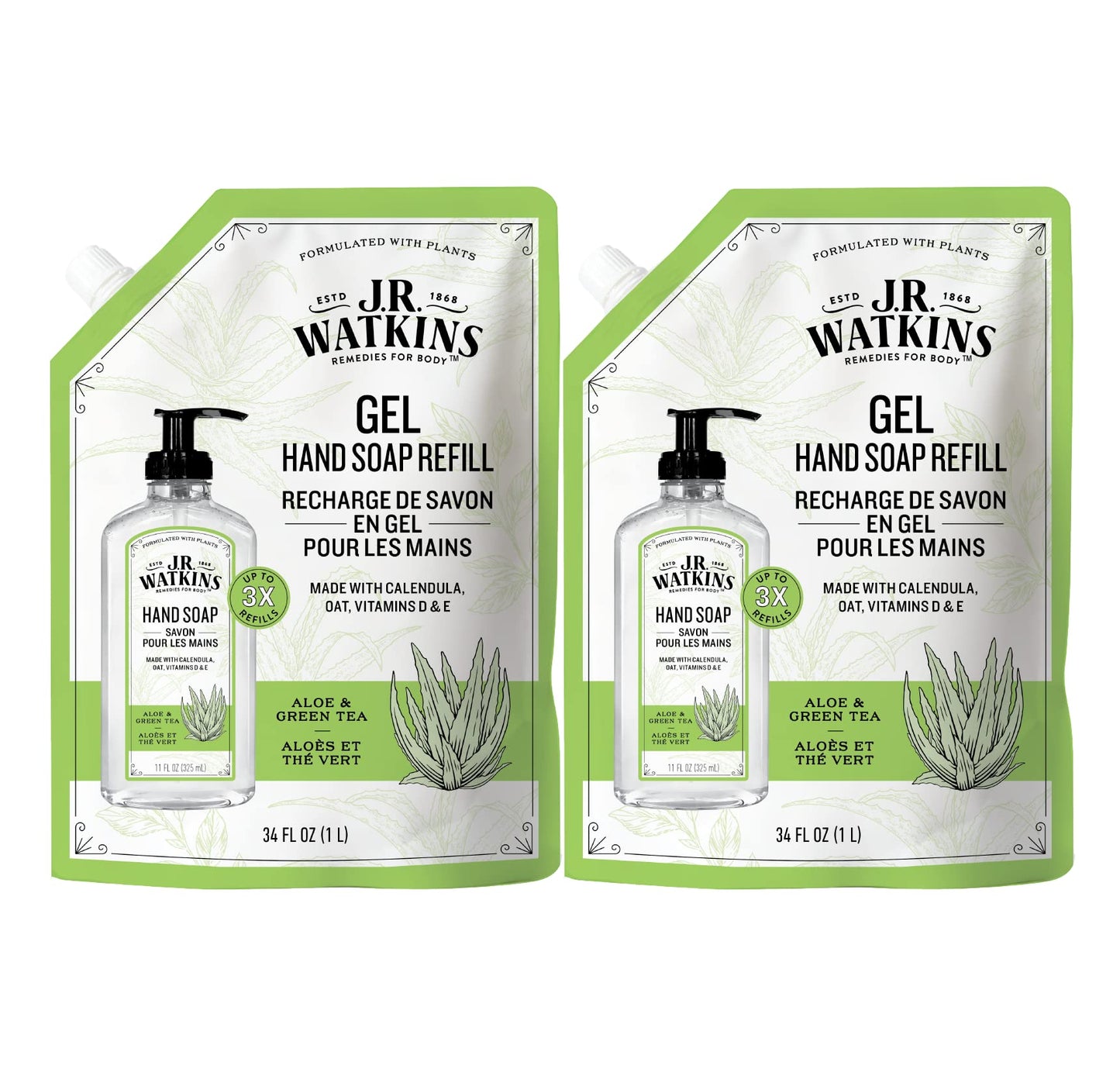 J.R. Watkins Gel Hand Soap Refill Pouch, Scented Liquid Hand Wash for Bathroom or Kitchen, USA Made and Cruelty Free, 34 fl oz, Aloe & Green Tea, 2 Pack