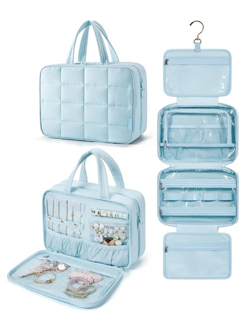 BAGSMART Travel Toiletry Bag with Jewelry Organizer, Hanging Travel Bag for Toiletries, Puffy Makeup Cosmetic Bag Organizer, Carry-on Travel Accessories Essentials, Light Blue-M
