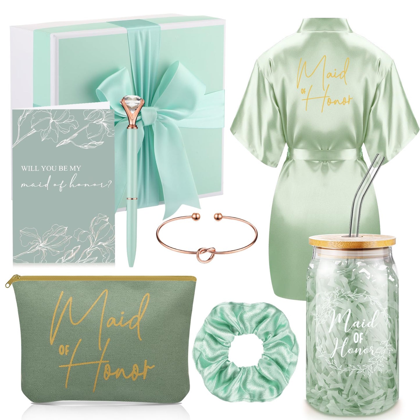 Irenare 8 Pcs Proposal Gifts Set Robes Makeup Bag Cup Cards Hair Tie Bracelet Diamond Pen Bridesmaid Gift Box (Light Green,Maid of Honor)