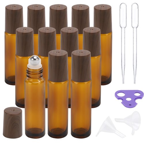 Tbestmax 12 Pack Glass Essential Oil Roller Bottles with Stainless Steel Ball, 10ml Amber Roll on Perfume Bottles with Lids for Travel