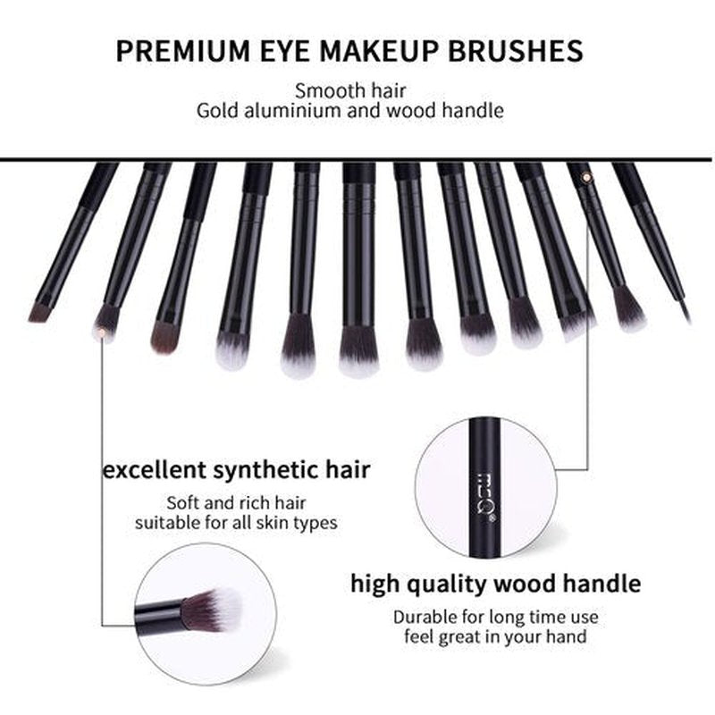 MSQ Eye Makeup Brushes 12pcs Eyeshadow Makeup Brushes Set with Soft Synthetic Hairs & Real Wood Handle for Eyeshadow, Eyebrow, Eyeliner, Blending(Black without bag)
