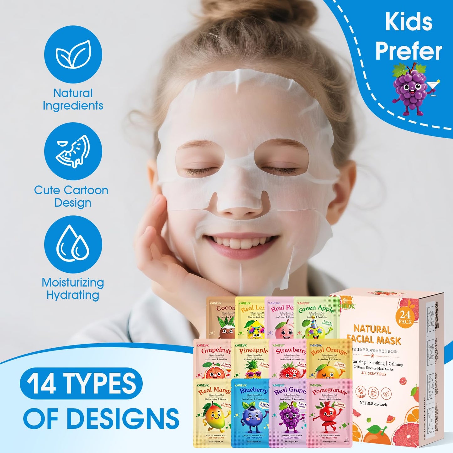 KONEUK 24 Pack Fruit Kids Face Mask, Collagen Hydrating Face Masks Skincare for Teens Girls, Skin Care for Kids, Spa Party Supplies and Bulk Birthday Gifts for Women, Sleepover Party Supplies