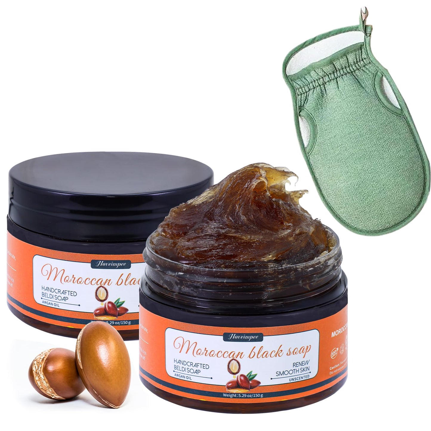 Hoveimpee 2 Pack Organic Moroccan Black Soap Soften Skin, Moisturizing Beldi Soap with Argan Oil and Vitamin C Even Tone, Moroccan Hammam Kit, Fragrance Free, 5.29 oz/150 g