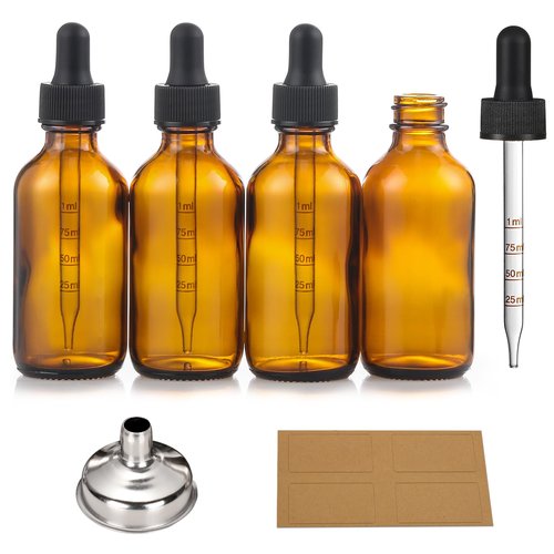 4 Pack 1 oz Glass Dropper Bottles with Measured Dropper - 30ml Dark Amber Tincture Bottles with Graduated Calibrated Glass Eye Droppers (1ml) for Essential Oils, Liquids - Leakproof Travel Bottles