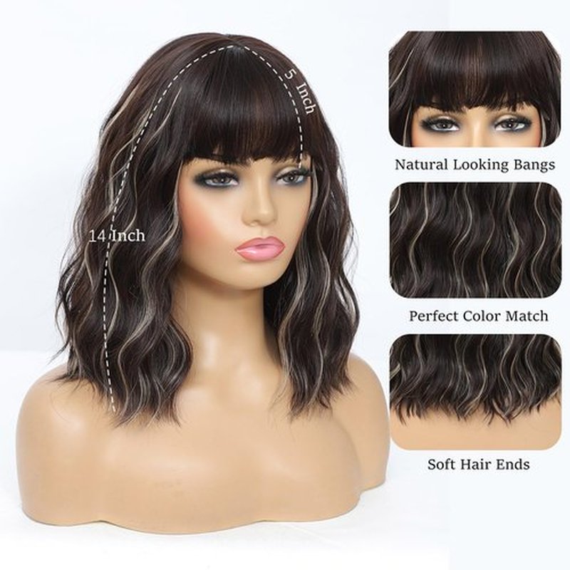 Amarlis Blonde Highlight Wigs for Women, 14 Inch Brown Mix Blonde Wavy Bob Wig with Bangs, Natural Looking Soft Heat Resistant Synthetic Wig for Daily Party Use