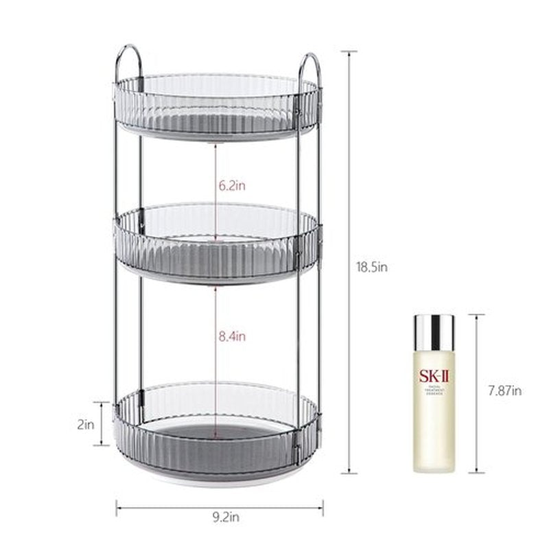 INVSSENE 360° Rotating Makeup Organizer, Bathroom Make Up Spinning Holder Rack, Large Capacity Cosmetics Storage Vanity Shelf Countertop, Fits Cosmetics, Perfume, Skincare, Lipsticks(3 Tiers, Gray)