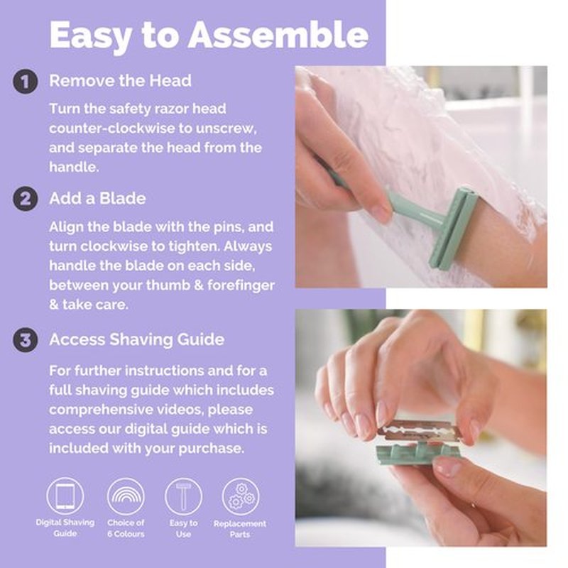 Jungle Culture Safety Razor & Stand with 10 Double Edge Blades • Single Blade Metal Razors for Women & Men for Body & Face • Eco Friendly & Reusable Shaver • Lilac