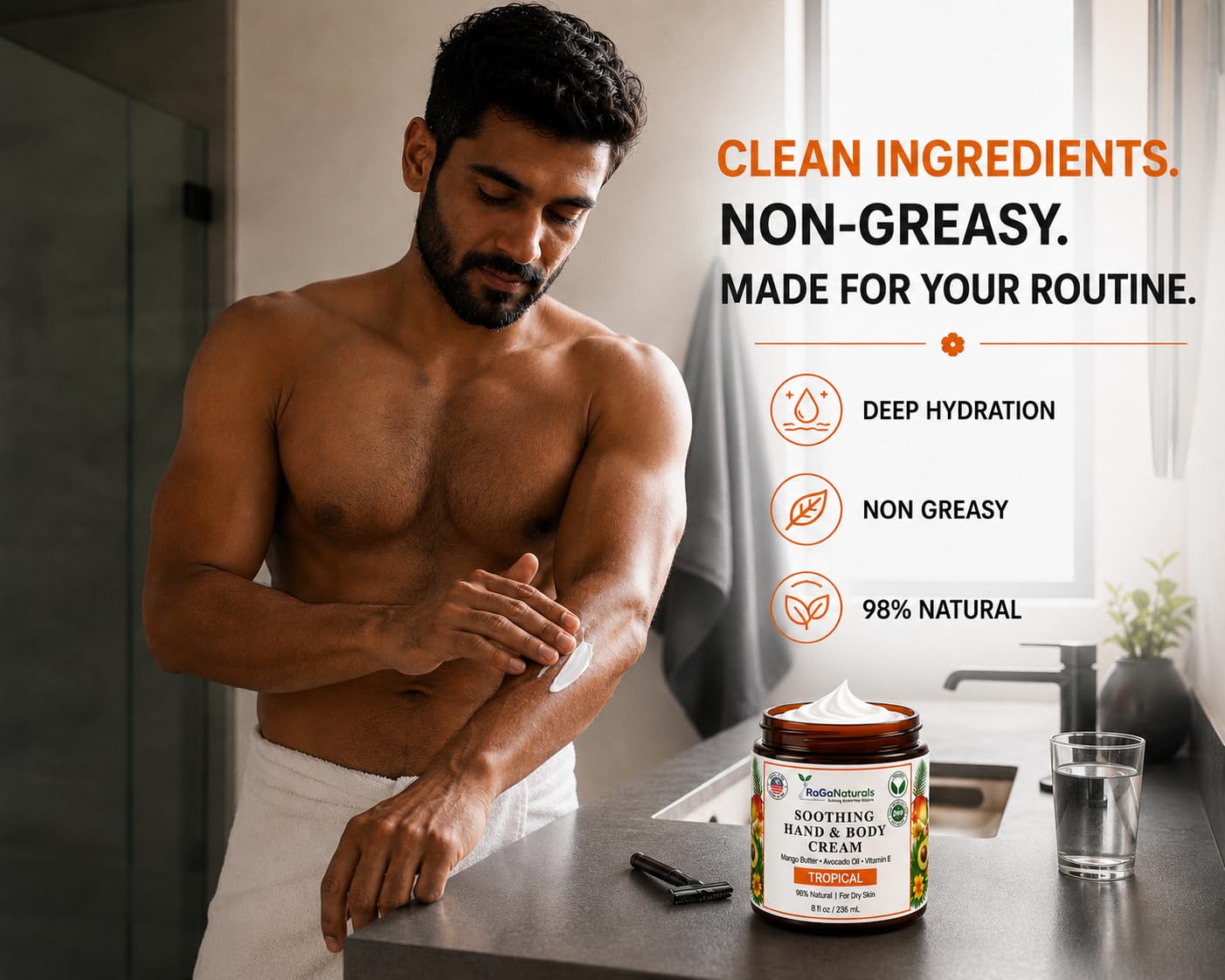 RaGaNaturals Tropical Hand and Body Cream for Dry Skin - Key Notes of Mango Grapefruit Scent - 98% Natural, Vegan, Non Greasy Lotion with Mango Butter, Vitamin E & Avocado Oil for Women and Men - 8 oz