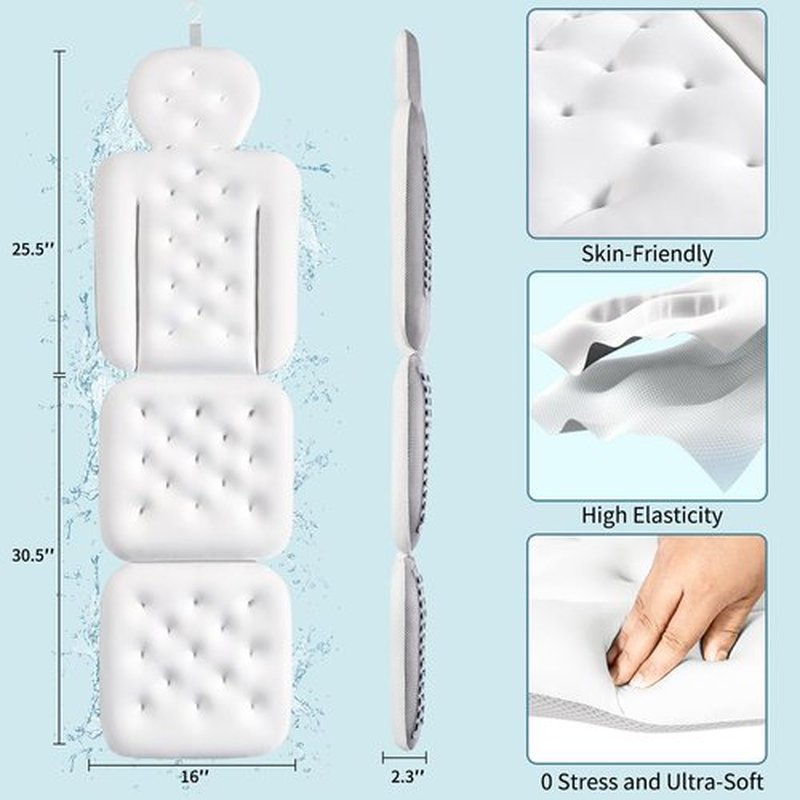 Full Body Bath Pillow for Bathtub, Thick Bathtub Cushion with Laundry Bag, Luxury Tub Pillow for Bath for Headrest Neck and Back Support White 56" x 16"