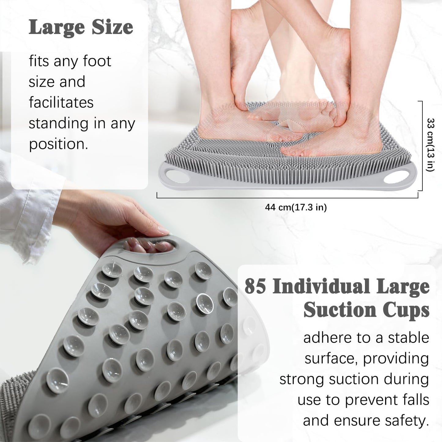 FREATECH Silicone Shower Foot Scrubber Mat 17.3" x 13", Large Foot Cleaner Brush to Clean, Exfoliate and Massage Feet Without Bending Over, Improve Foot Appearance and Overall Health, Grey