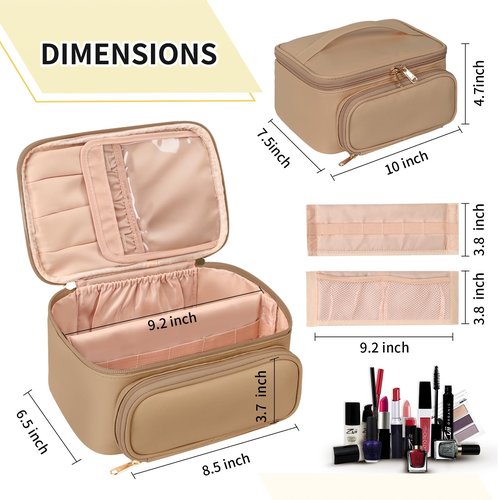 OCHEAL Makeup Bag, Multifunctional Make Up Bags Large Compact Makeup Bag Organizer Cosmetics Toiletry Brushes Storage Case for Women Girls Makeup Case with Handle Divider-Beige Apricot