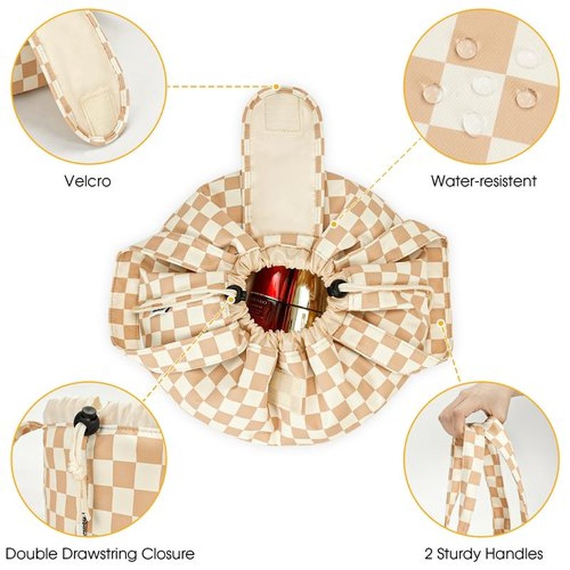 Barrel Drawstring Checkered Makeup Bag Large Cosmetic Bag Make up Bags Toiletry Organizer for Women (Light Checkerboard) (Patent)