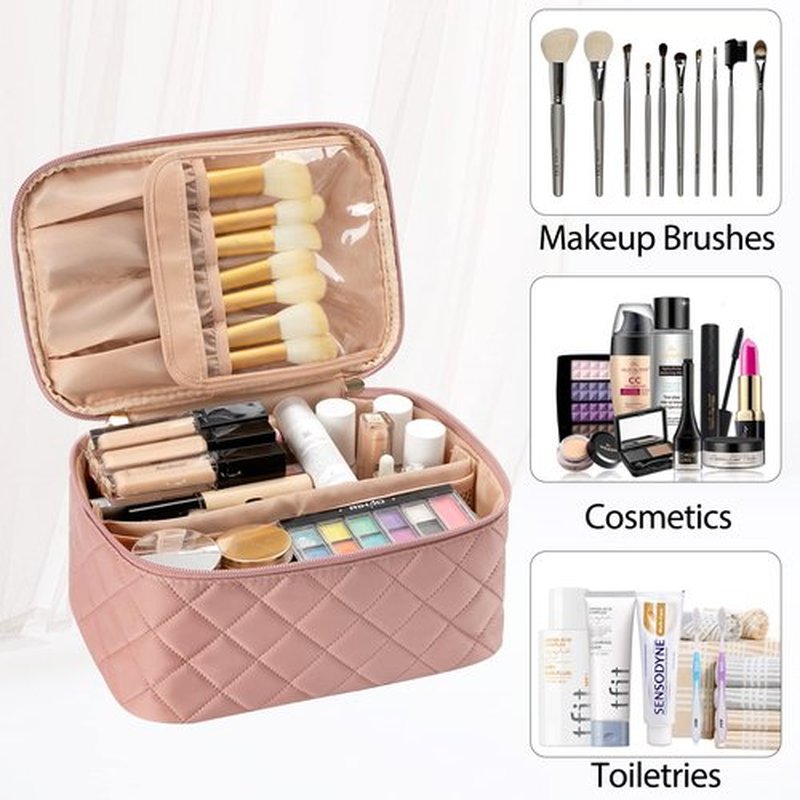 OCHEAL Makeup Bag, Portable Cosmetic Bag, Large Capacity Travel Makeup Case Organizer, Pink Makeup Bags For Women Toiletry Bag for Girls Traveling With Handle and Divider-Pink