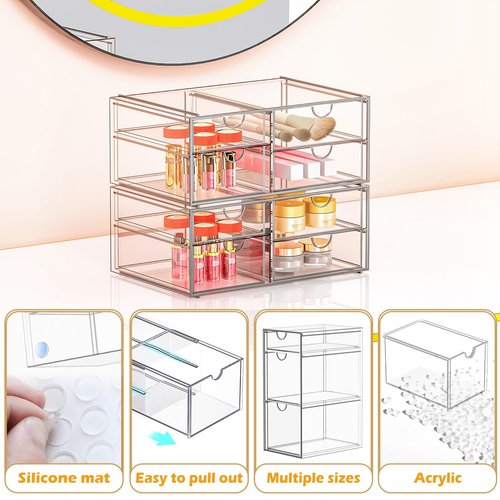 4 Pack Acrylic Makeup Organizer with 18 Drawers, Clear Storage Drawers, Bathroom Counter Organizer, Plastic Storage Bins For Vanity, Undersink, Pantry, Home Organization and Storage