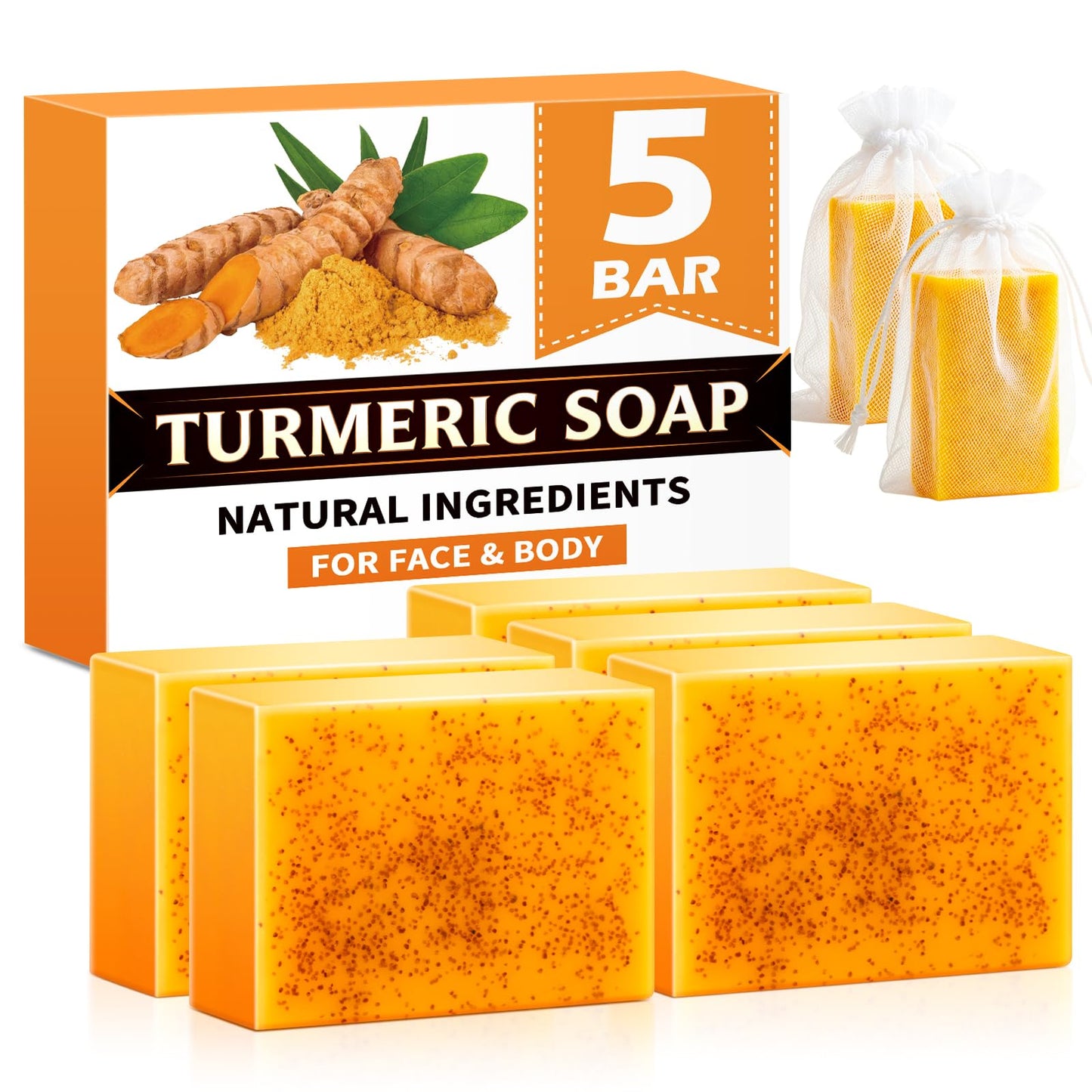 Treeroot 5 Pack Turmeric Soap, 80g Kojic Acid and Turmeric Soap Bar, Gently Clean the Face, Contains Retinol, Collagen, Vitamin C, Shea Butter, Used for Face & Body, SLS Free