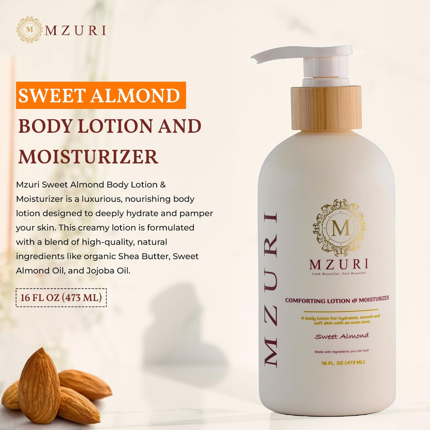 MZURI Body Lotion & Moisturizer – Sweet Almond Oil | Lightweight, Fast-Absorbing Hydrating Body Lotion for Dry, Sensitive Skin | Paraben-Free Daily Body Care for Women & Men | 16 fl oz