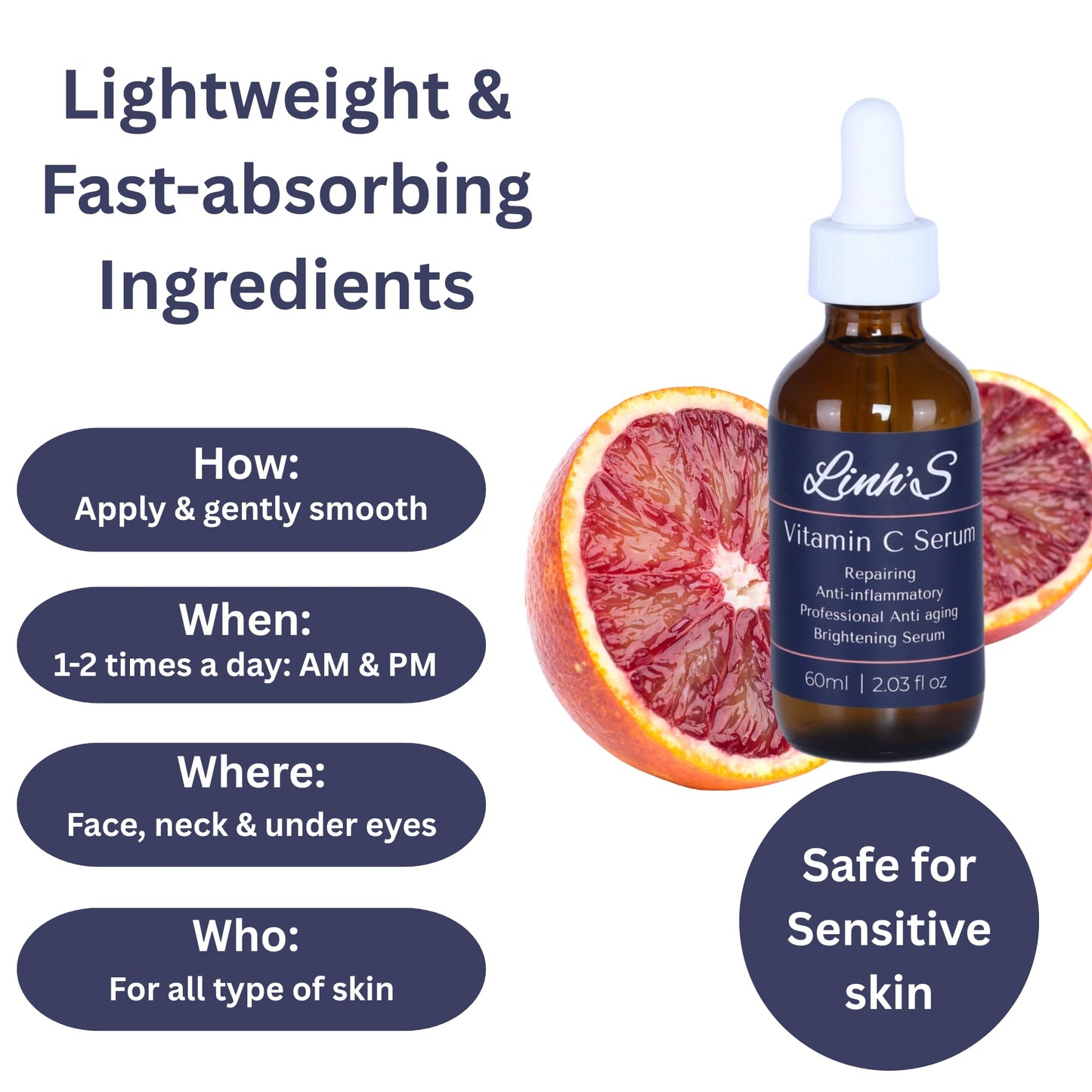 LINH’S Vitamin C Serum – Brightening Face Serum with Hyaluronic Acid, Dark Spot Corrector for Fine Lines, Uneven Skin Tone & Anti-Aging, 2.03 fl oz